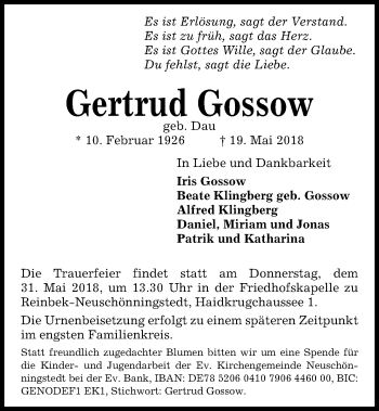 Traueranzeige von Gertrud Gossow von Kieler Nachrichten