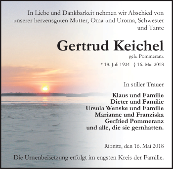Traueranzeige von Gertrud Keichel von Ostsee-Zeitung GmbH