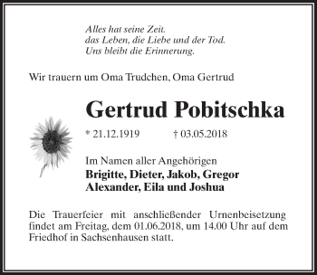 Traueranzeige von Gertrud Pobitschka von Märkischen Allgemeine Zeitung