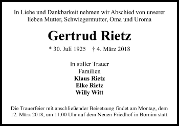 Traueranzeige von Gertrud Rietz von Märkischen Allgemeine Zeitung