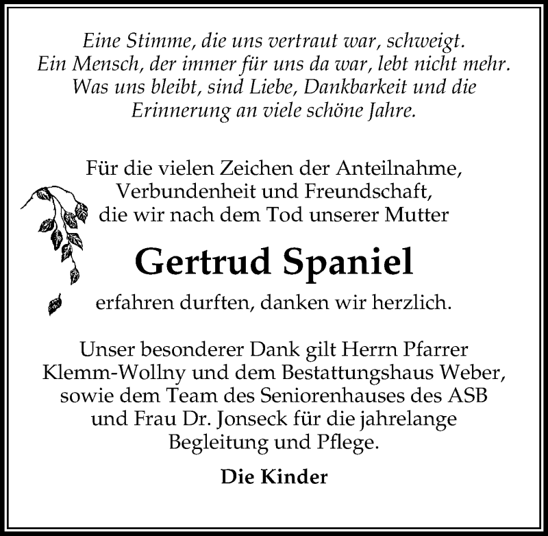  Traueranzeige für Gertrud Spaniel vom 05.05.2018 aus Märkischen Allgemeine Zeitung