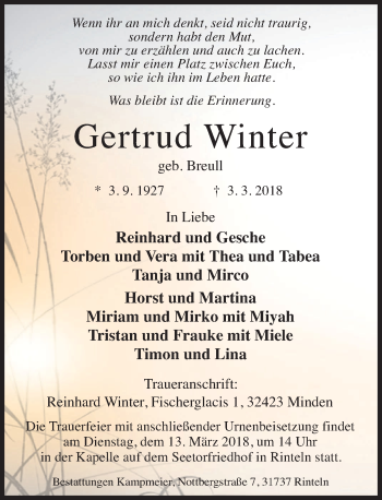 Traueranzeige von Gertrud Winter von Schaumburger Nachrichten