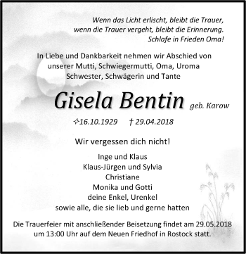 Traueranzeige von Gisela Bentin von Ostsee-Zeitung GmbH