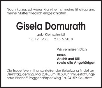 Traueranzeige von Gisela Domurath von Kieler Nachrichten