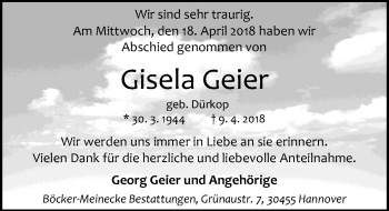 Traueranzeige von Gisela Geier von Hannoversche Allgemeine Zeitung/Neue Presse