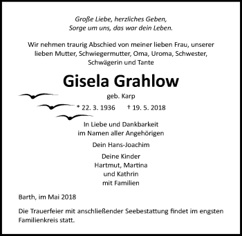 Traueranzeige von Gisela Grahlow von Ostsee-Zeitung GmbH