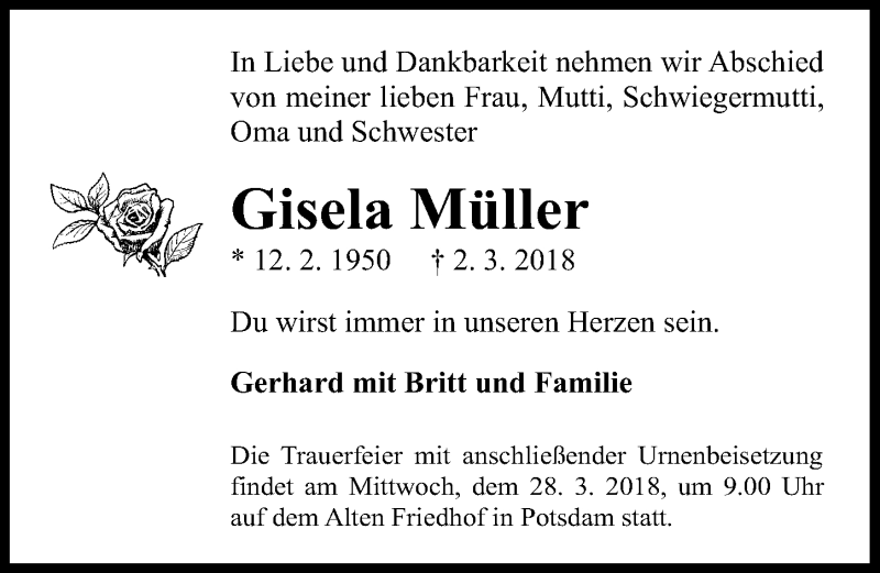  Traueranzeige für Gisela Müller vom 10.03.2018 aus Märkischen Allgemeine Zeitung