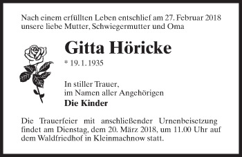 Traueranzeige von Gitta Höricke von Märkischen Allgemeine Zeitung