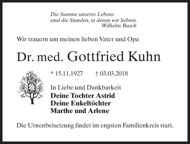  Traueranzeige für Gottfried Kuhn vom 17.03.2018 aus Märkischen Allgemeine Zeitung