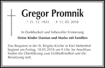 Traueranzeige von Gregor Promnik von Kieler Nachrichten