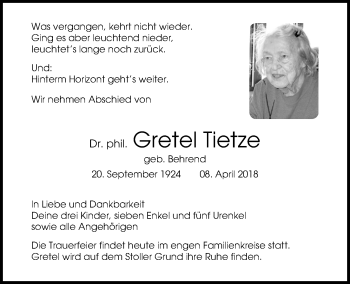 Traueranzeige von Gretel Tietze von Kieler Nachrichten