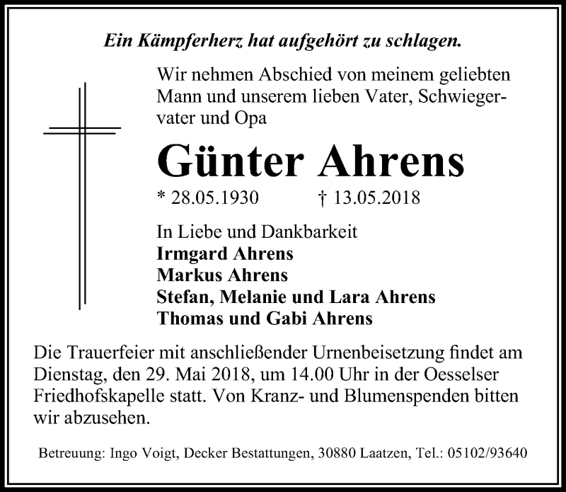  Traueranzeige für Günter Ahrens vom 26.05.2018 aus Hannoversche Allgemeine Zeitung/Neue Presse
