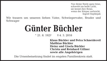 Traueranzeige von Günter Büchler von Kieler Nachrichten