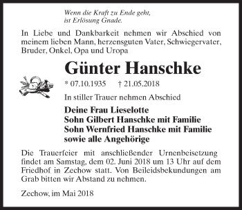 Traueranzeige von Günter Hanschke von Märkischen Allgemeine Zeitung