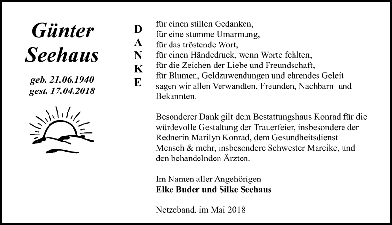  Traueranzeige für Günter Seehaus vom 05.05.2018 aus Märkischen Allgemeine Zeitung