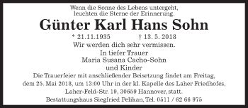 Traueranzeige von Günter Karl Hans Sohn von Hannoversche Allgemeine Zeitung/Neue Presse