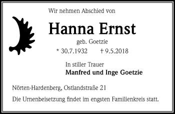 Traueranzeige von Hanna Ernst von Göttinger Tageblatt