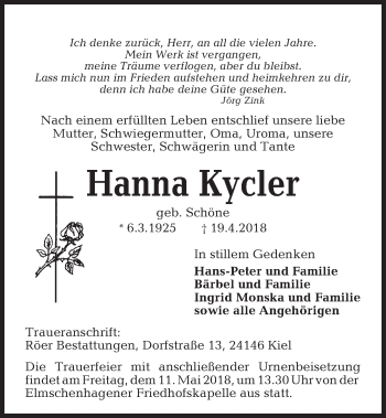 Traueranzeige von Hanna Kycler von Kieler Nachrichten