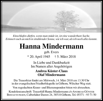 Traueranzeige von Hanna Mindermann von Aller Zeitung