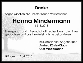 Traueranzeige von Hanna Mindermann von Aller Zeitung