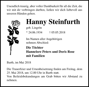Traueranzeige von Hanny Steinfurth von Ostsee-Zeitung GmbH