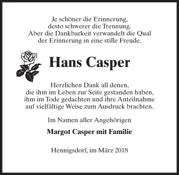 Traueranzeige von Hans Casper von Märkischen Allgemeine Zeitung