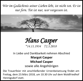 Traueranzeige von Hans Casper von Märkischen Allgemeine Zeitung