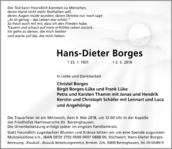 Traueranzeige von Hans-Dieter Borges von Hannoversche Allgemeine Zeitung/Neue Presse