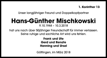 Traueranzeige von Hans-Günther Mischkowski von Göttinger Tageblatt