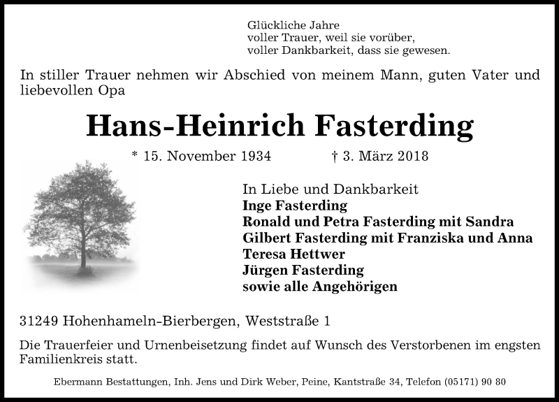  Traueranzeige für Hans-Heinrich Fasterding vom 06.03.2018 aus Peiner Allgemeine Zeitung