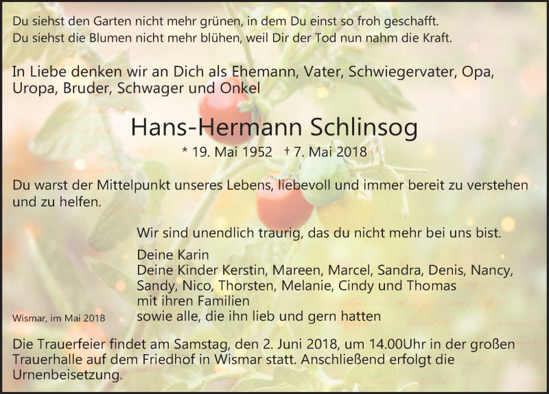  Traueranzeige für Hans-Hermann Schlinsog vom 26.05.2018 aus Ostsee-Zeitung GmbH
