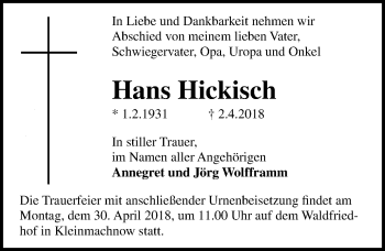 Traueranzeige von Hans Hickisch von Märkischen Allgemeine Zeitung