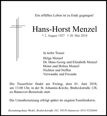 Traueranzeige von Hans-Horst Menzel von Hannoversche Allgemeine Zeitung/Neue Presse