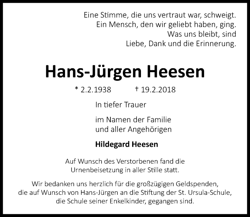  Traueranzeige für Hans-Jürgen Heesen vom 31.03.2018 aus Hannoversche Allgemeine Zeitung/Neue Presse