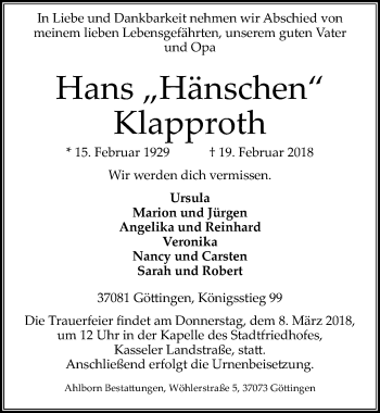 Traueranzeige von Hans Klapproth von Göttinger Tageblatt
