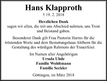 Traueranzeige von Hans Klapproth von Göttinger Tageblatt