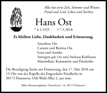 Traueranzeige von Hans Ost von Hannoversche Allgemeine Zeitung/Neue Presse