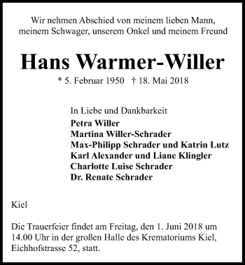 Traueranzeige von Hans Warmer-Willer von Kieler Nachrichten