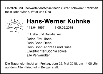 Traueranzeige von Hans-Werner Kuhnke von Ostsee-Zeitung GmbH