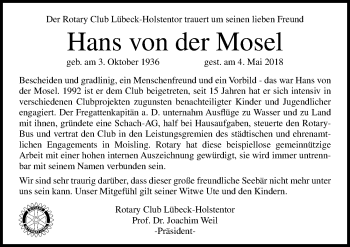 Traueranzeige von Hans von der Mosel von Lübecker Nachrichten