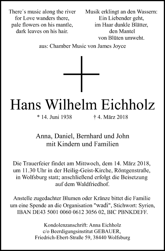  Traueranzeige für Hans Wilhelm Eichholz vom 09.03.2018 aus Aller Zeitung
