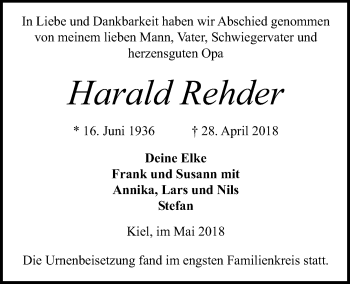 Traueranzeige von Harald Rehder von Kieler Nachrichten