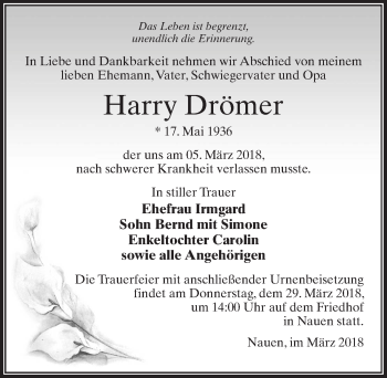 Traueranzeige von Harry Drömer von Märkischen Allgemeine Zeitung