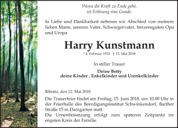 Traueranzeige von Harry Kunstmann von Ostsee-Zeitung GmbH