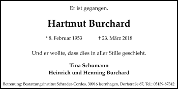 Traueranzeige von Hartmut Burchard von Hannoversche Allgemeine Zeitung/Neue Presse