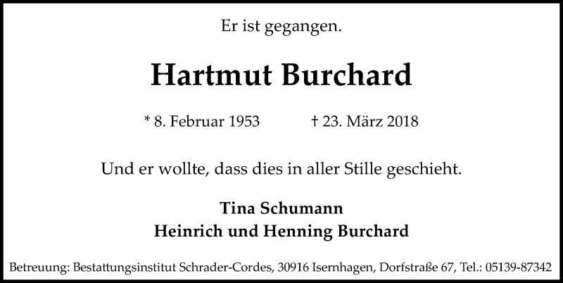  Traueranzeige für Hartmut Burchard vom 21.04.2018 aus Hannoversche Allgemeine Zeitung/Neue Presse
