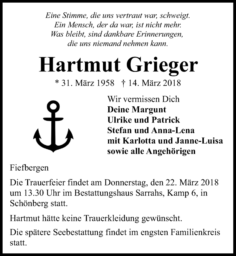  Traueranzeige für Hartmut Grieger vom 17.03.2018 aus Kieler Nachrichten