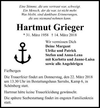 Traueranzeige von Hartmut Grieger von Kieler Nachrichten