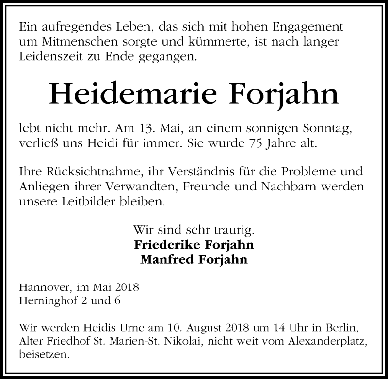  Traueranzeige für Heidemarie Forjahn vom 19.05.2018 aus 