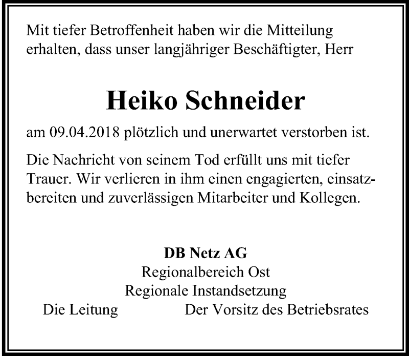  Traueranzeige für Heiko Schneider vom 21.04.2018 aus Märkischen Allgemeine Zeitung